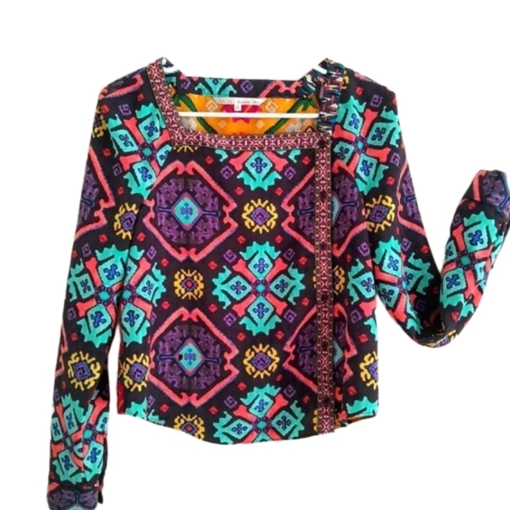 RACHEL ROY Multi print Festive Boho Long slv Braided Trim LIKE New Sz S - Picture 2 of 14